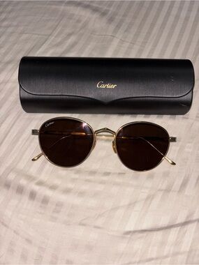 Cartier Gold Frame Round Sunglasses with Brown Lenses